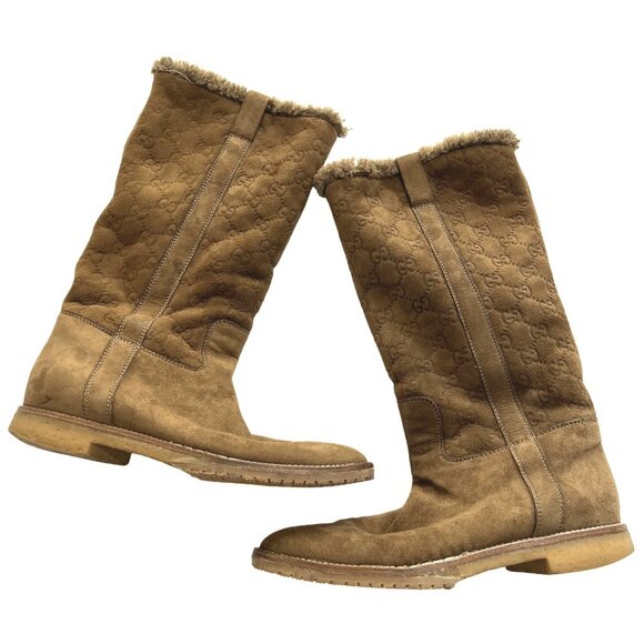 Gucci Suede Monogram Shearling Boots in Brown with Dustbag - Picture 5 of 12